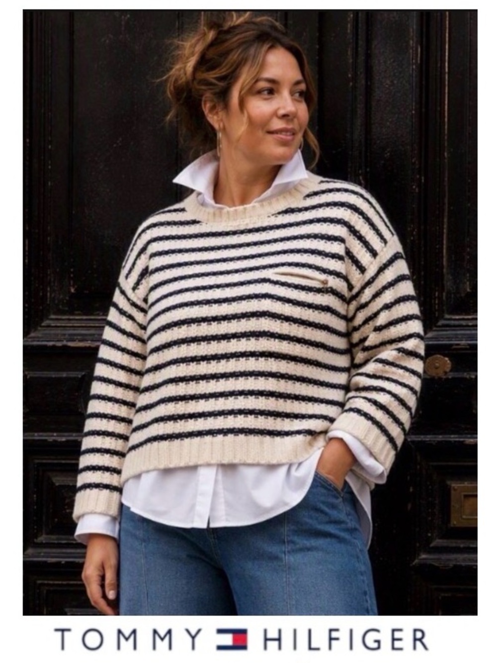 XXL Tommy Hilfiger 100% Classic Cotton Striped Sweater in Navy and Old White